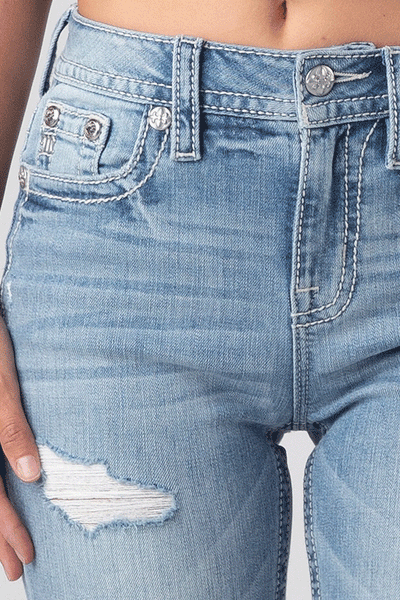 Miss Me Women's Classic Torn Light Blue Bootcut Jeans