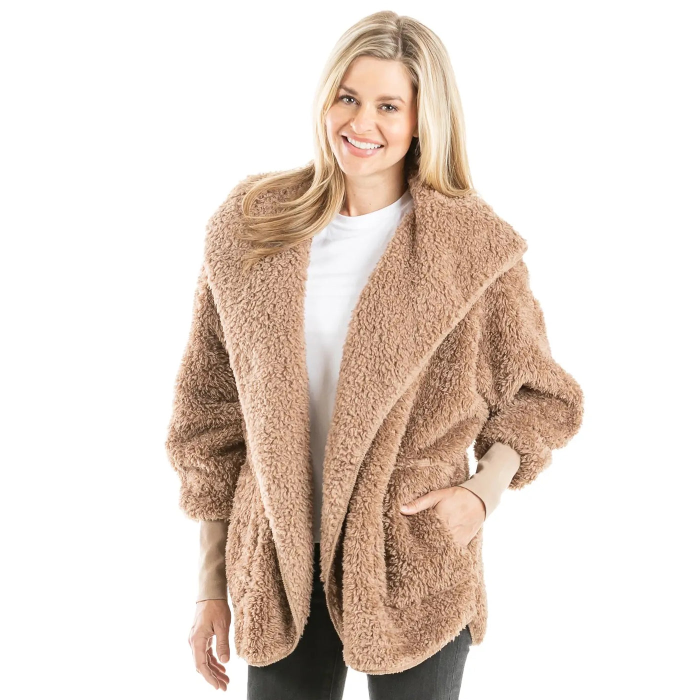 Brown Sherpa Lightweight Body Wrap with Hoodie and Pockets
