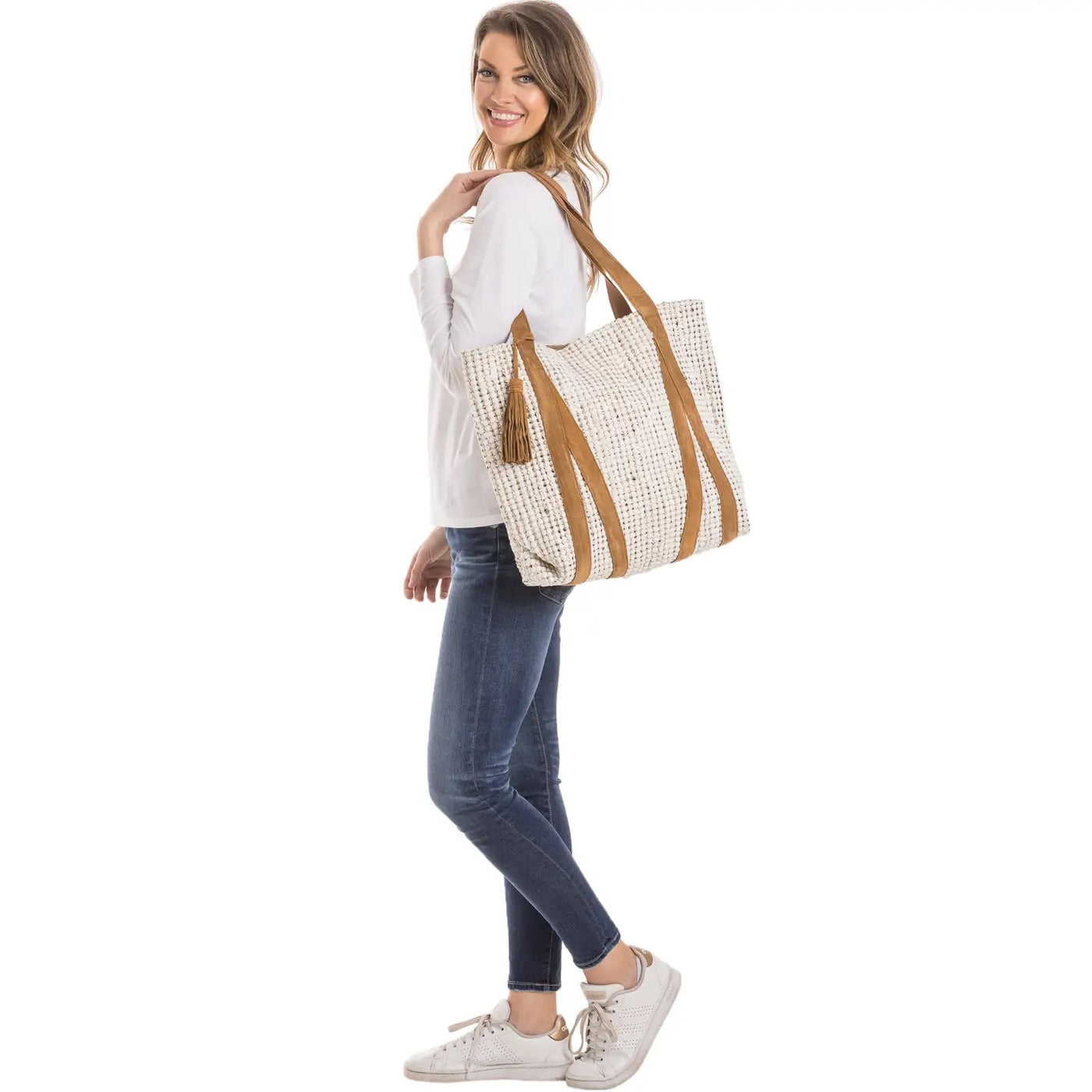 Cream and Metallic Gold Foil Tote Bag with Leather Straps